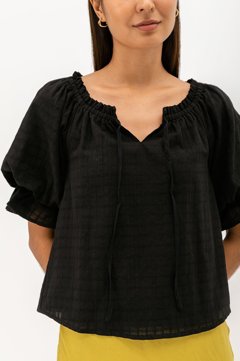 ALVA PUFF SLEEVE TIE-NECK TOP