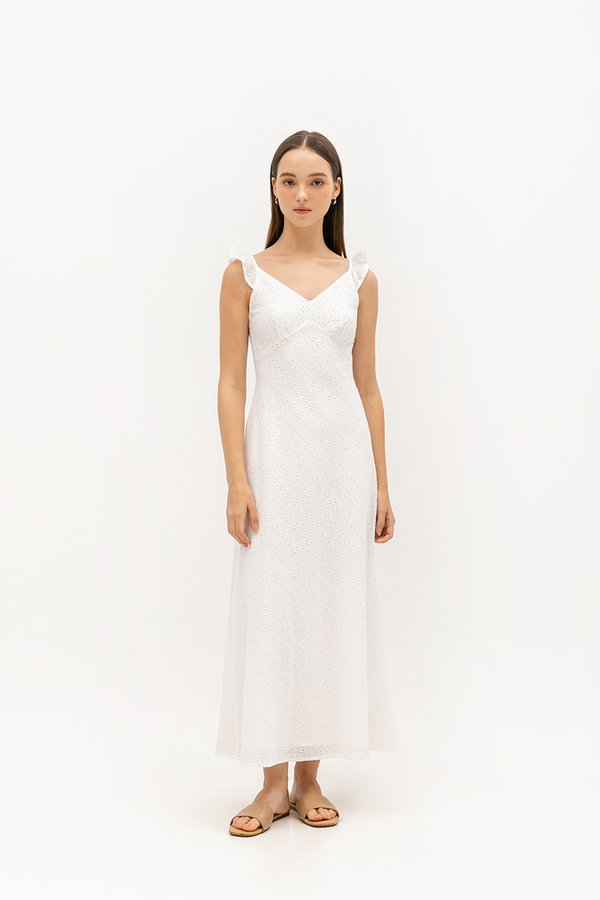 RACHELLE FLUTTER SLEEVE EYELET MIDI DRESS