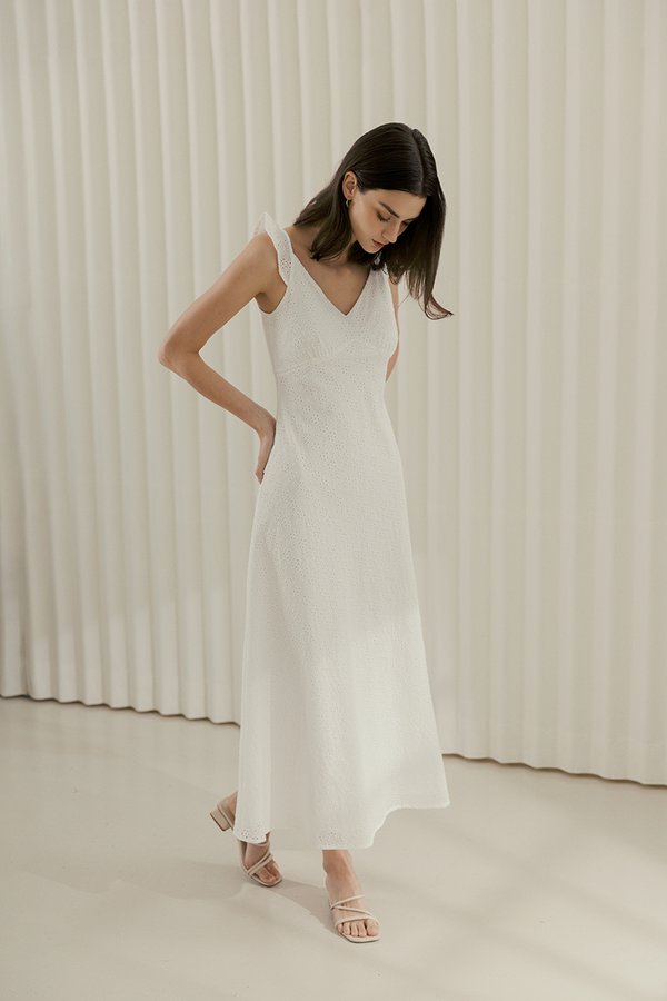RACHELLE FLUTTER SLEEVE EYELET MIDI DRESS