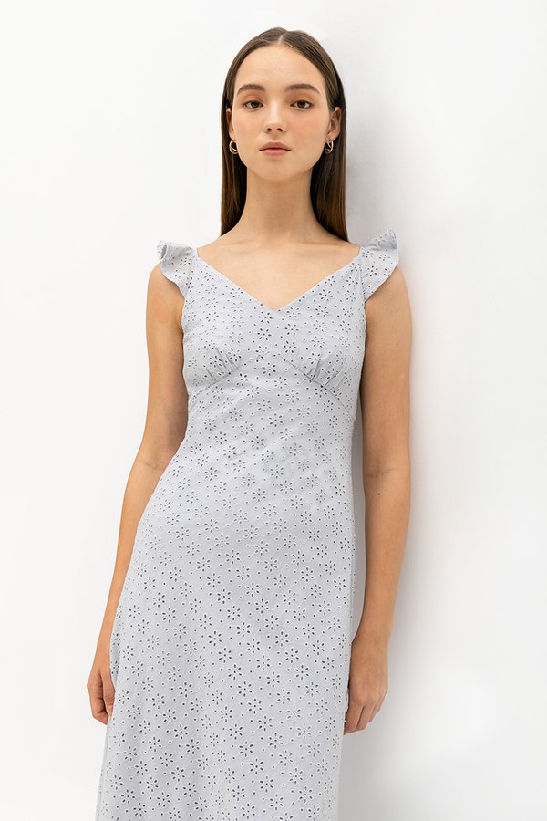 RACHELLE FLUTTER SLEEVE EYELET MIDI DRESS