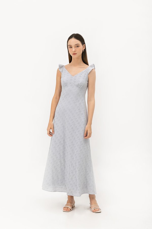 RACHELLE FLUTTER SLEEVE EYELET MIDI DRESS