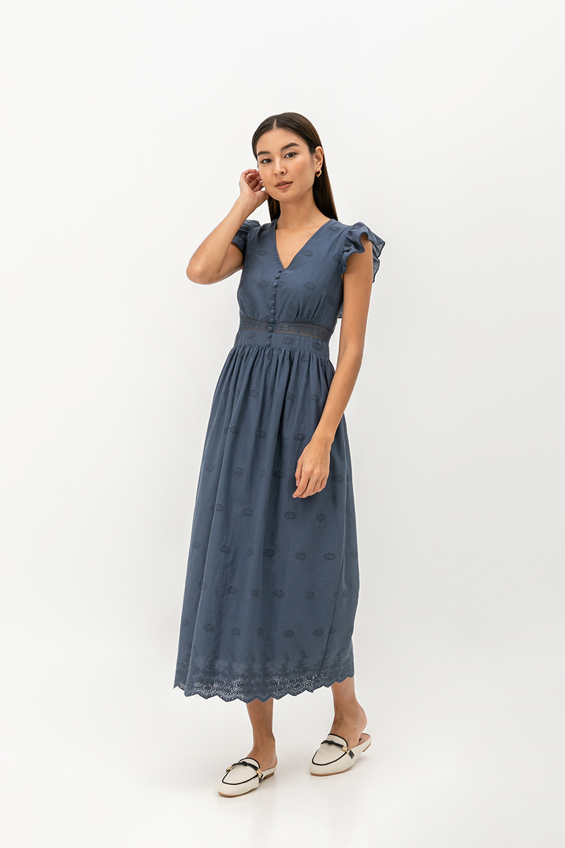 ERINN EYELET FLUTTER SLEEVE MAXI DRESS