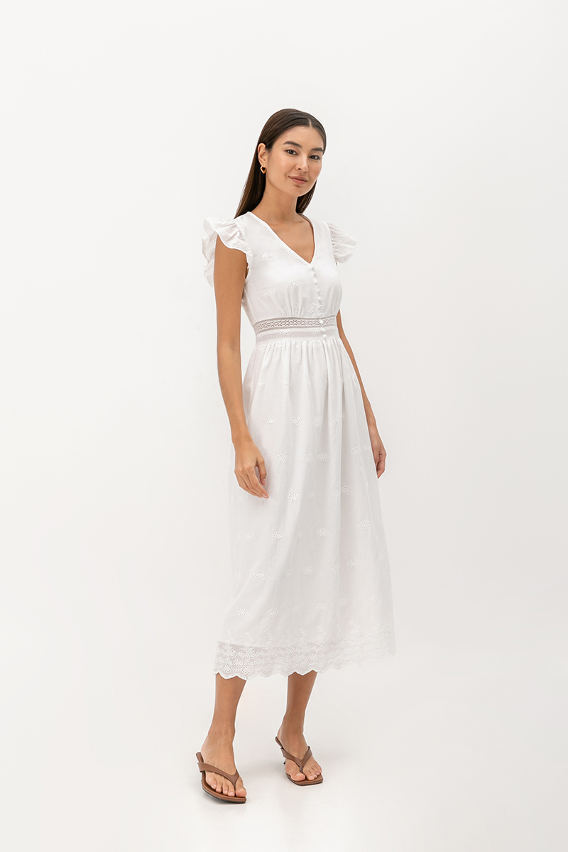 ERINN EYELET FLUTTER SLEEVE MAXI DRESS