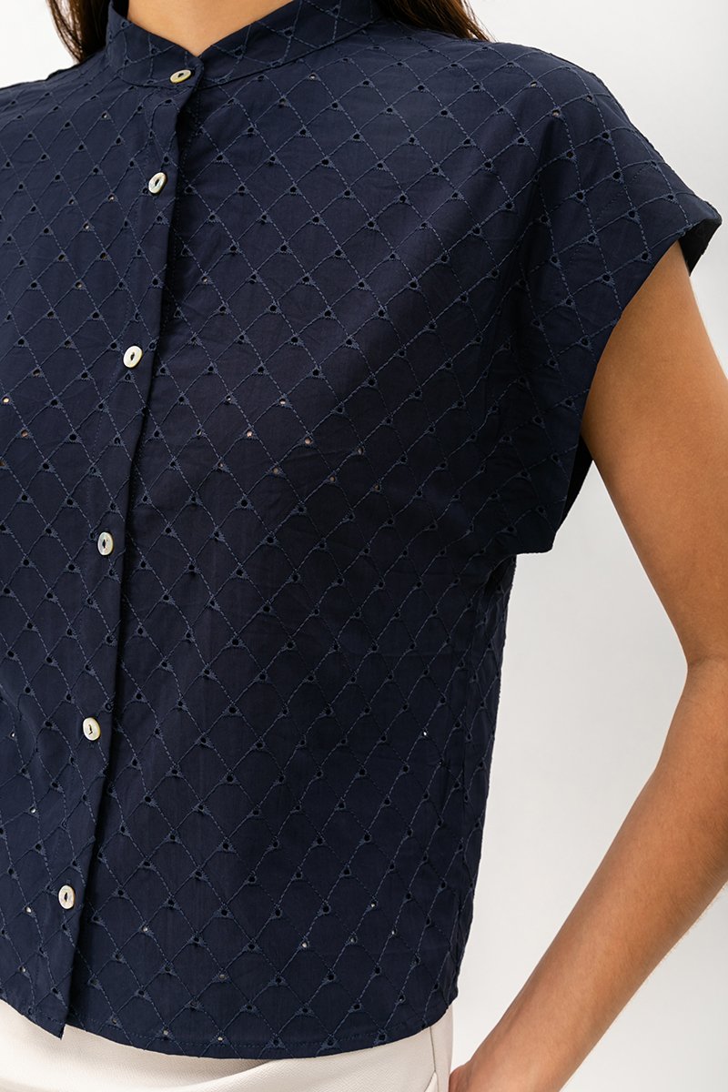 LIVIE MANDARIN COLLAR EYELET TOP