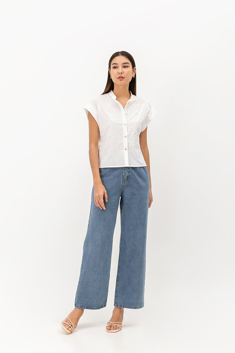 LIVIE MANDARIN COLLAR EYELET TOP