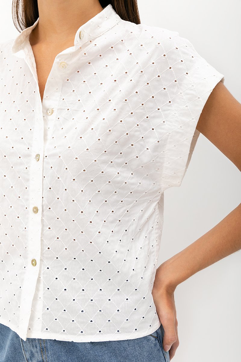 LIVIE MANDARIN COLLAR EYELET TOP