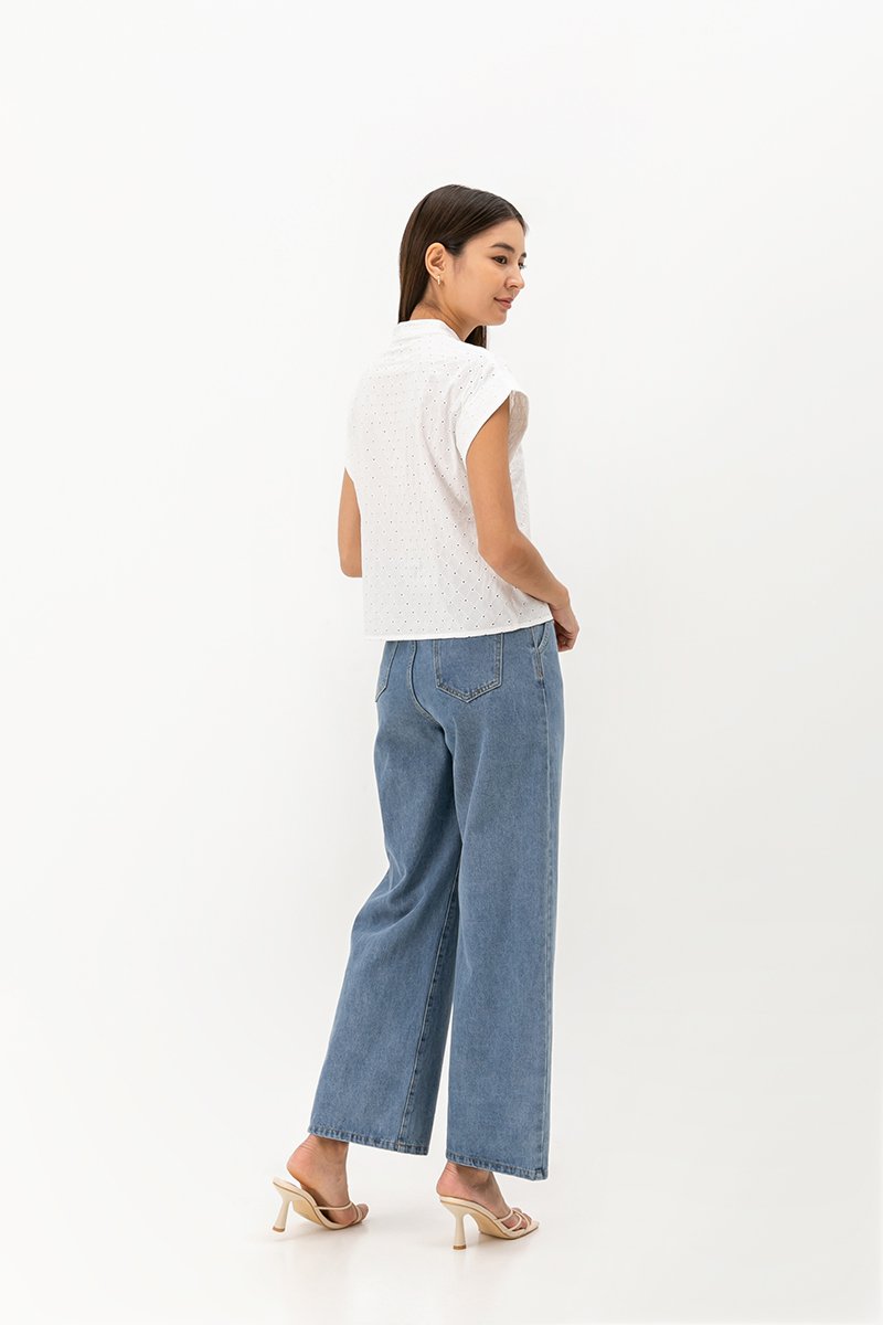 LIVIE MANDARIN COLLAR EYELET TOP
