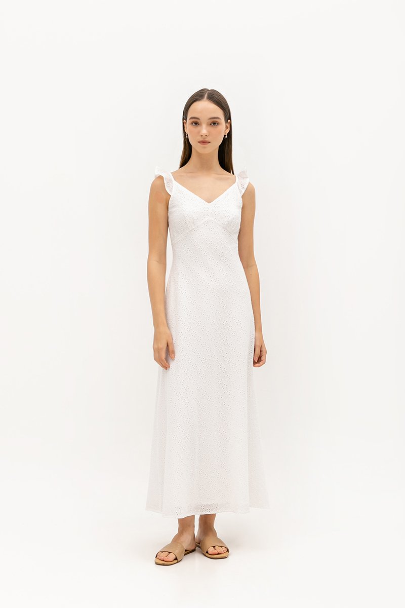 RACHELLE FLUTTER SLEEVE EYELET MIDI DRESS