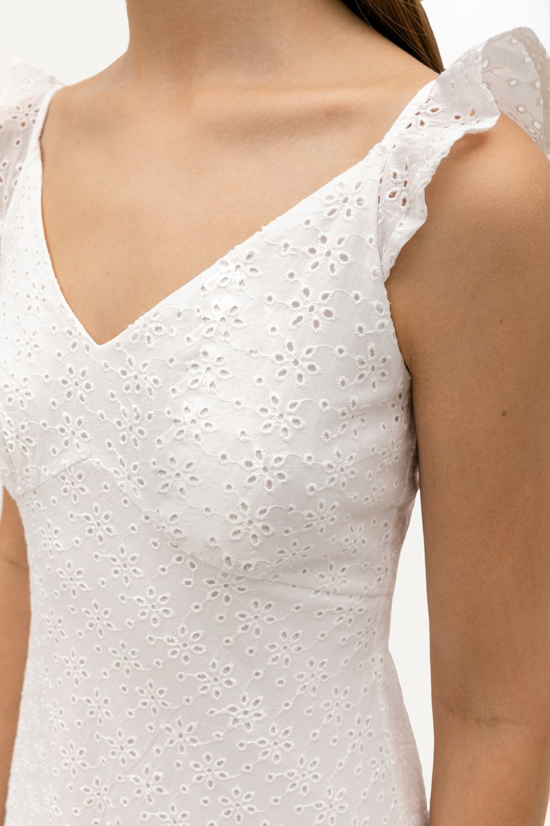 RACHELLE FLUTTER SLEEVE EYELET MIDI DRESS