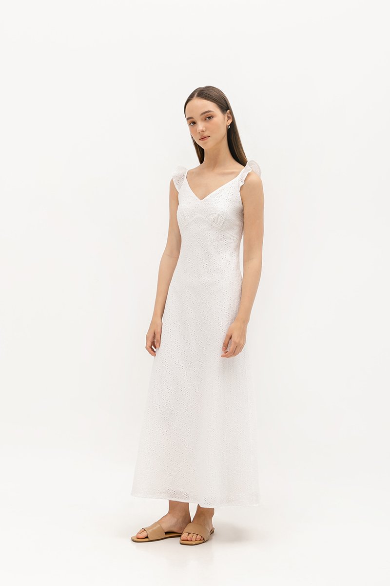 RACHELLE FLUTTER SLEEVE EYELET MIDI DRESS
