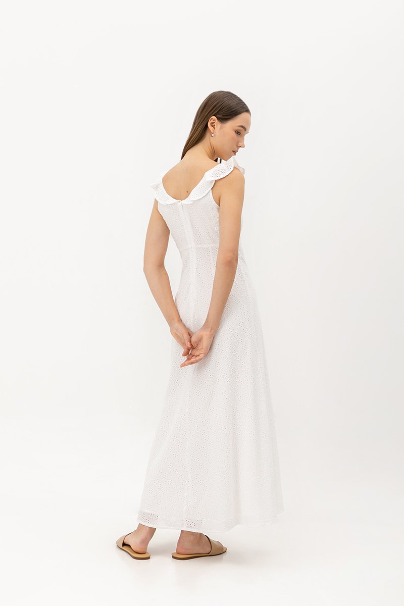 RACHELLE FLUTTER SLEEVE EYELET MIDI DRESS
