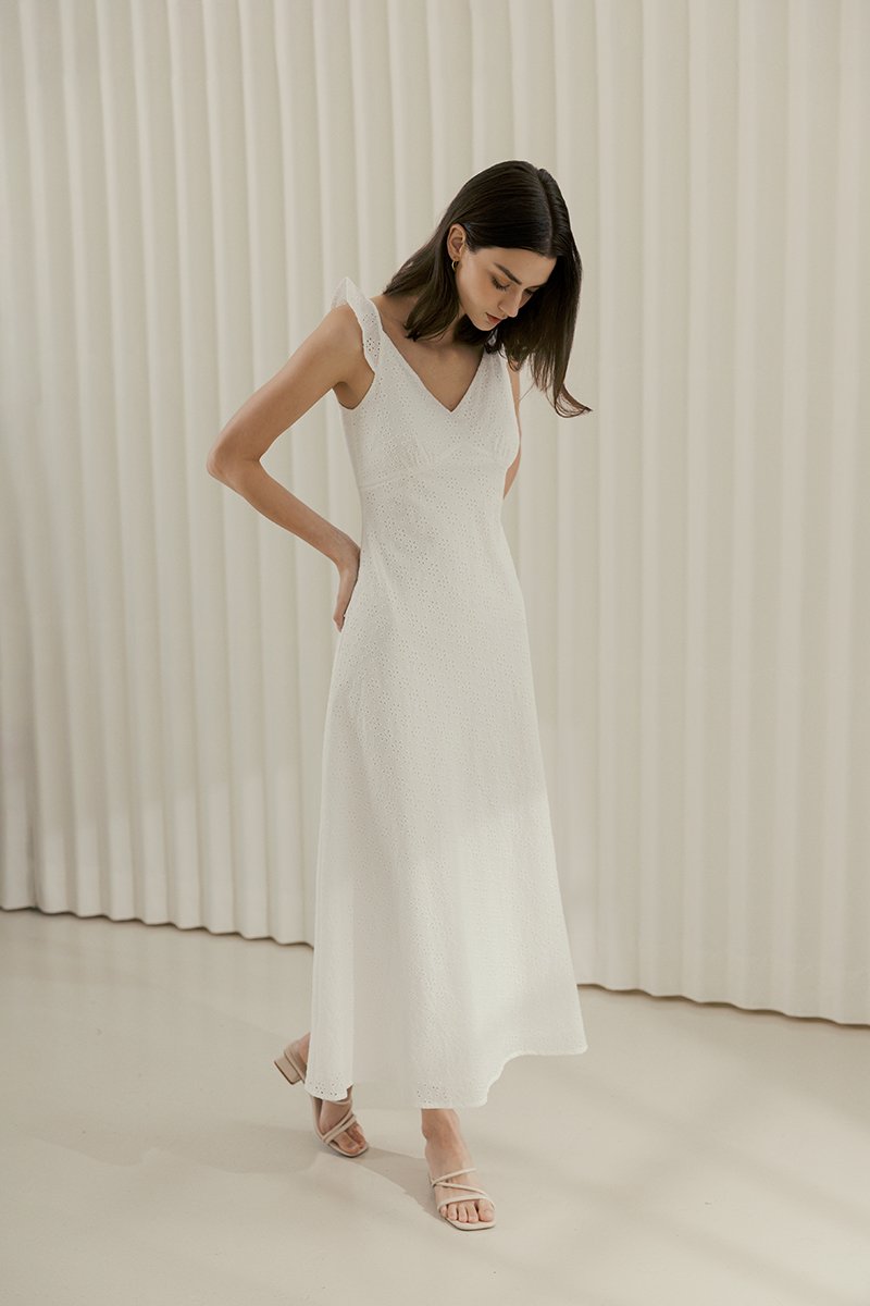 RACHELLE FLUTTER SLEEVE EYELET MIDI DRESS