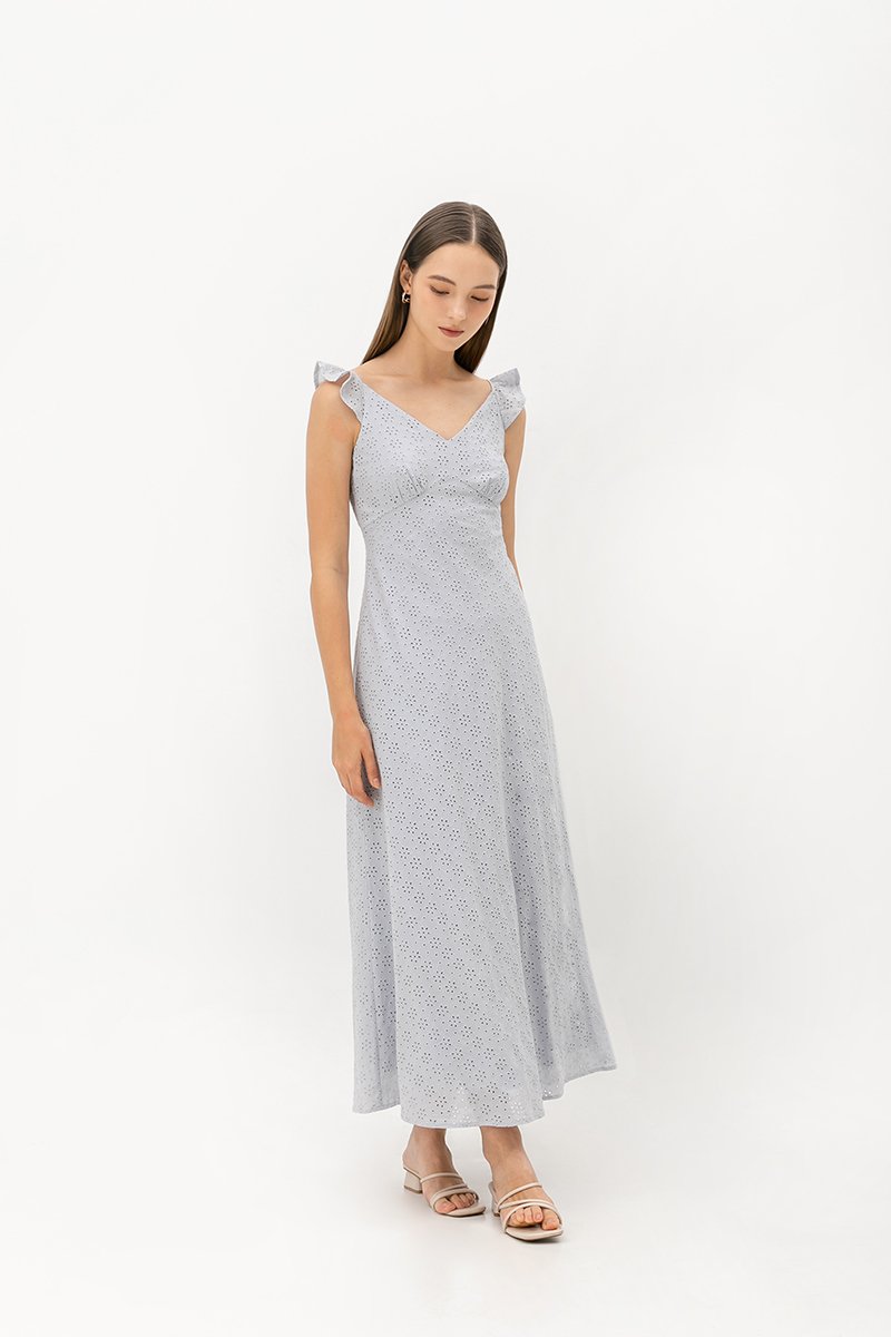 RACHELLE FLUTTER SLEEVE EYELET MIDI DRESS