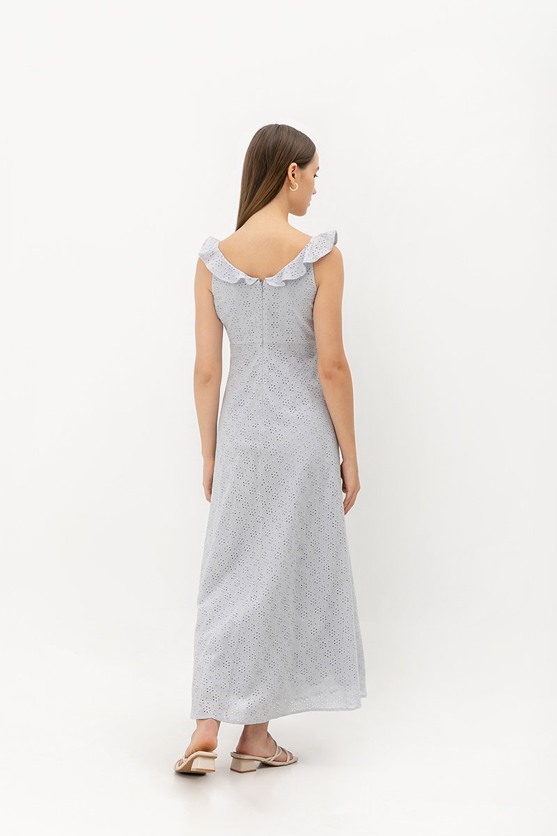 RACHELLE FLUTTER SLEEVE EYELET MIDI DRESS