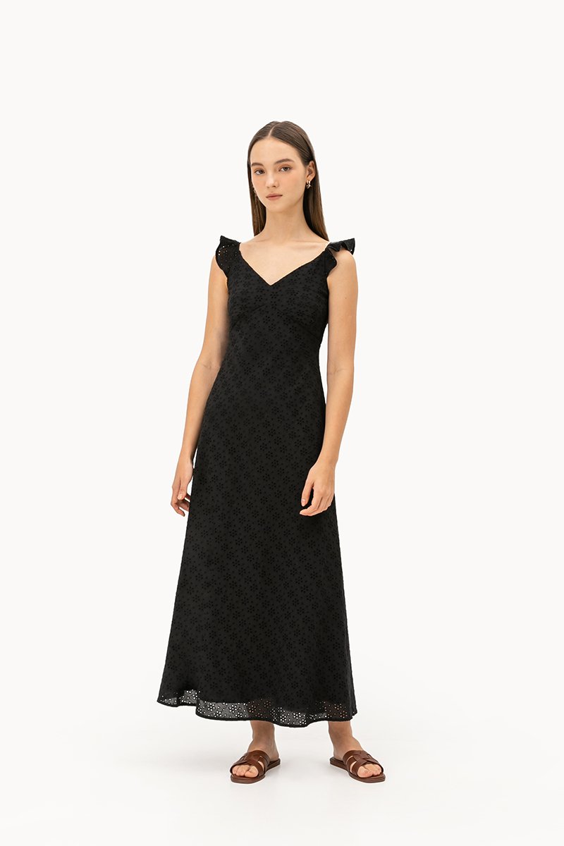RACHELLE FLUTTER SLEEVE EYELET MIDI DRESS