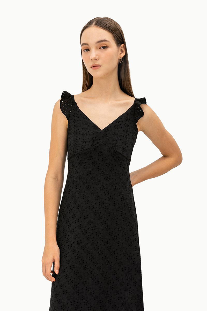 RACHELLE FLUTTER SLEEVE EYELET MIDI DRESS
