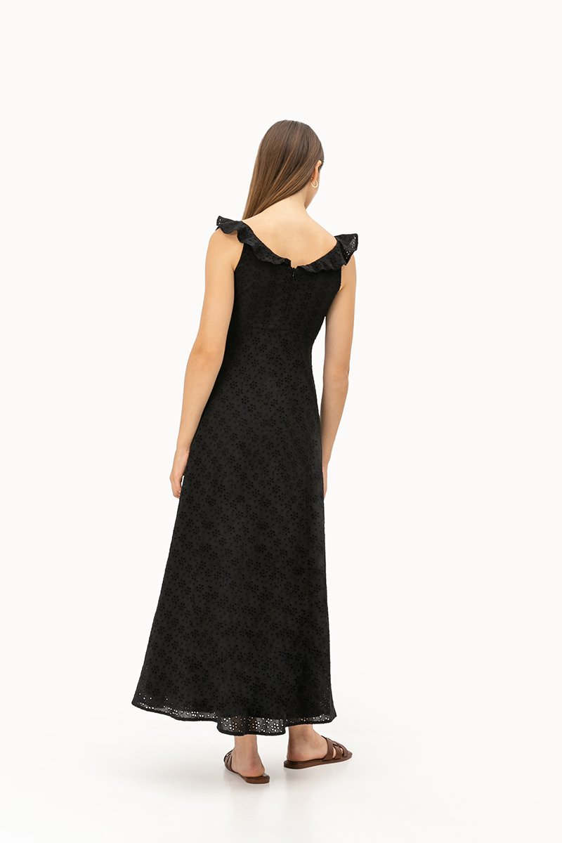 RACHELLE FLUTTER SLEEVE EYELET MIDI DRESS