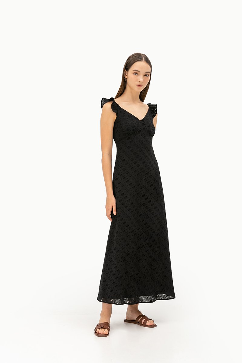 RACHELLE FLUTTER SLEEVE EYELET MIDI DRESS