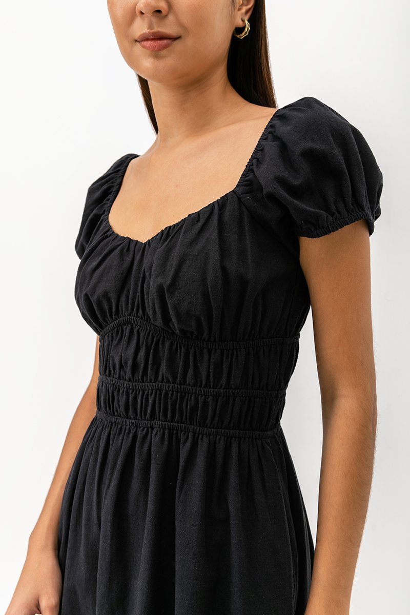 CLARESSA RUCHED WAIST LINEN MIDI DRESS