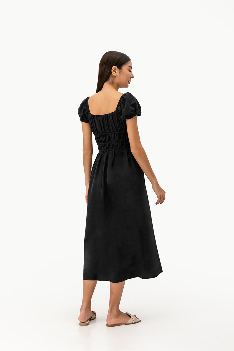 CLARESSA RUCHED WAIST LINEN MIDI DRESS