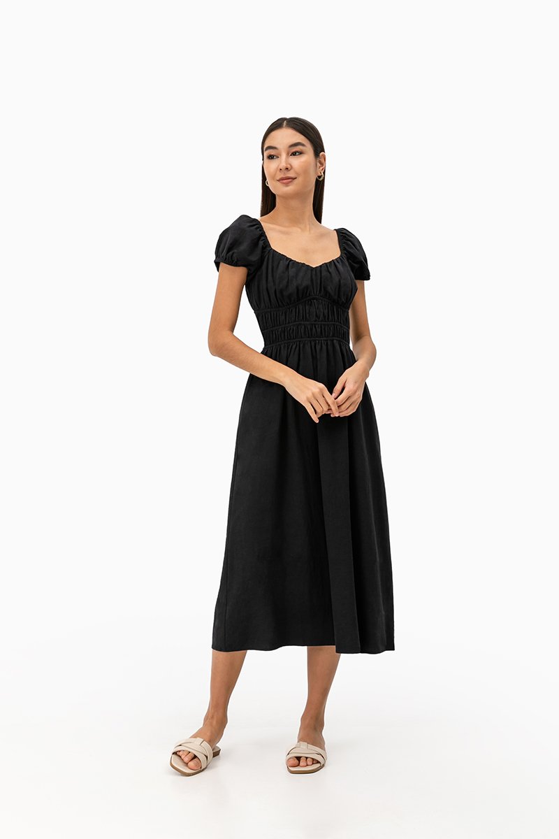 CLARESSA RUCHED WAIST LINEN MIDI DRESS