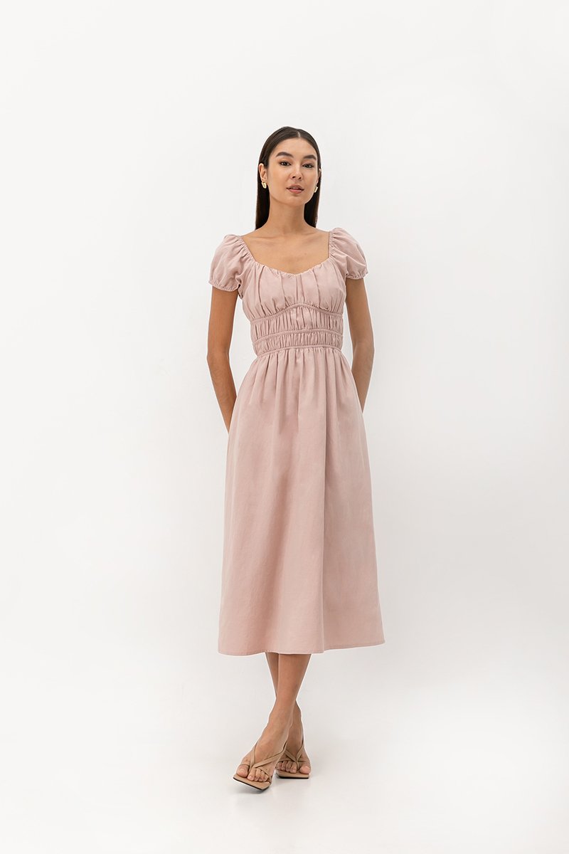 CLARESSA RUCHED WAIST LINEN MIDI DRESS