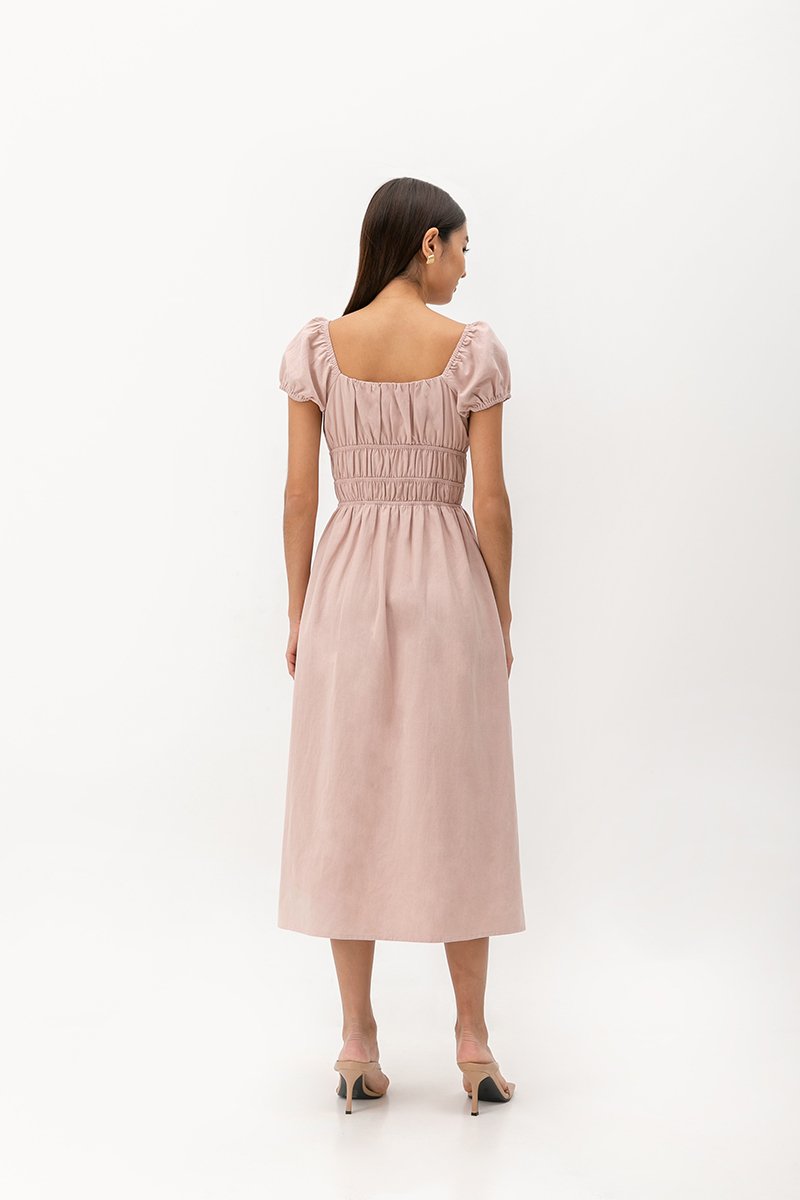 CLARESSA RUCHED WAIST LINEN MIDI DRESS