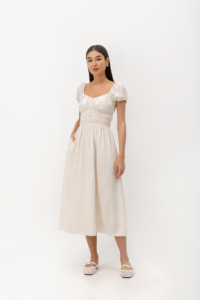 CLARESSA RUCHED WAIST LINEN MIDI DRESS