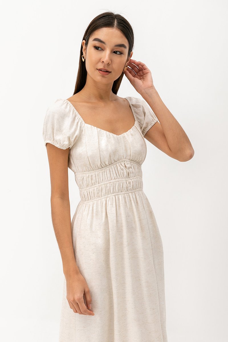 CLARESSA RUCHED WAIST LINEN MIDI DRESS