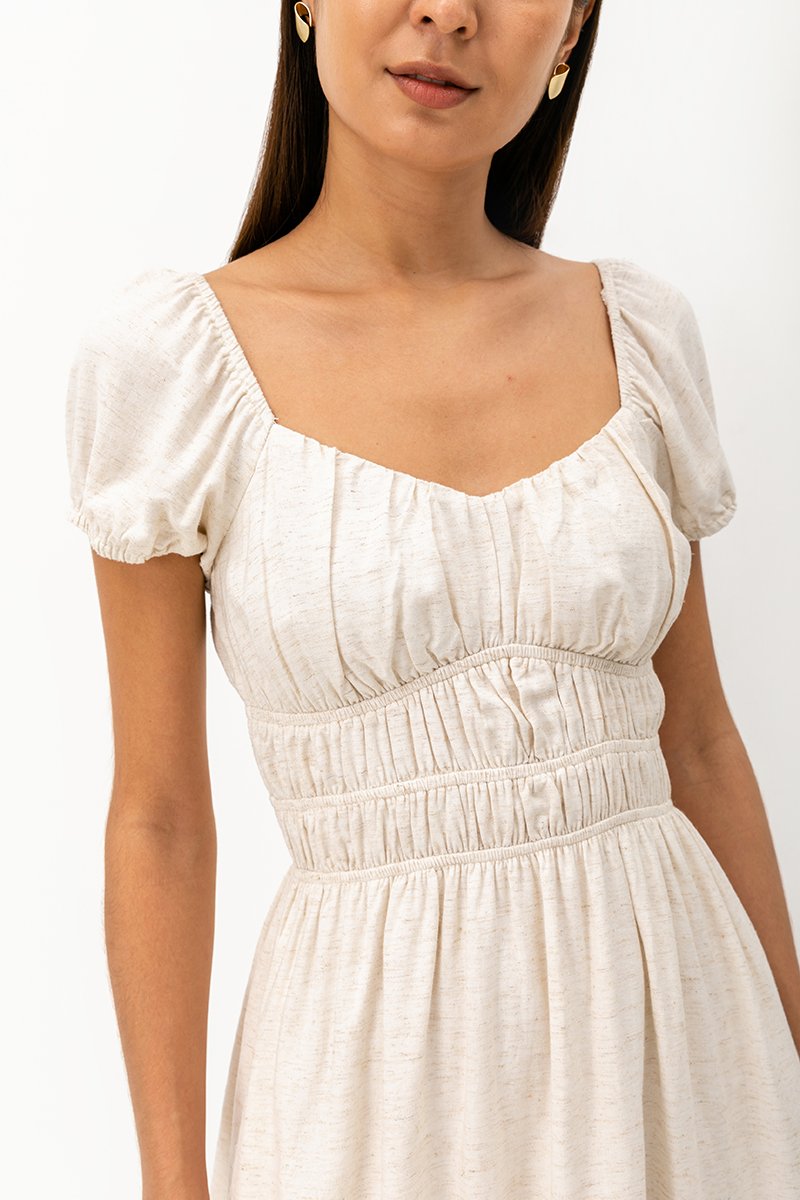 CLARESSA RUCHED WAIST LINEN MIDI DRESS