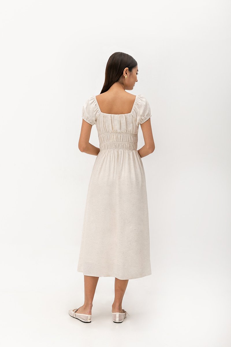 CLARESSA RUCHED WAIST LINEN MIDI DRESS