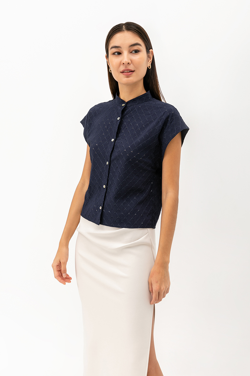 LIVIE MANDARIN COLLAR EYELET TOP