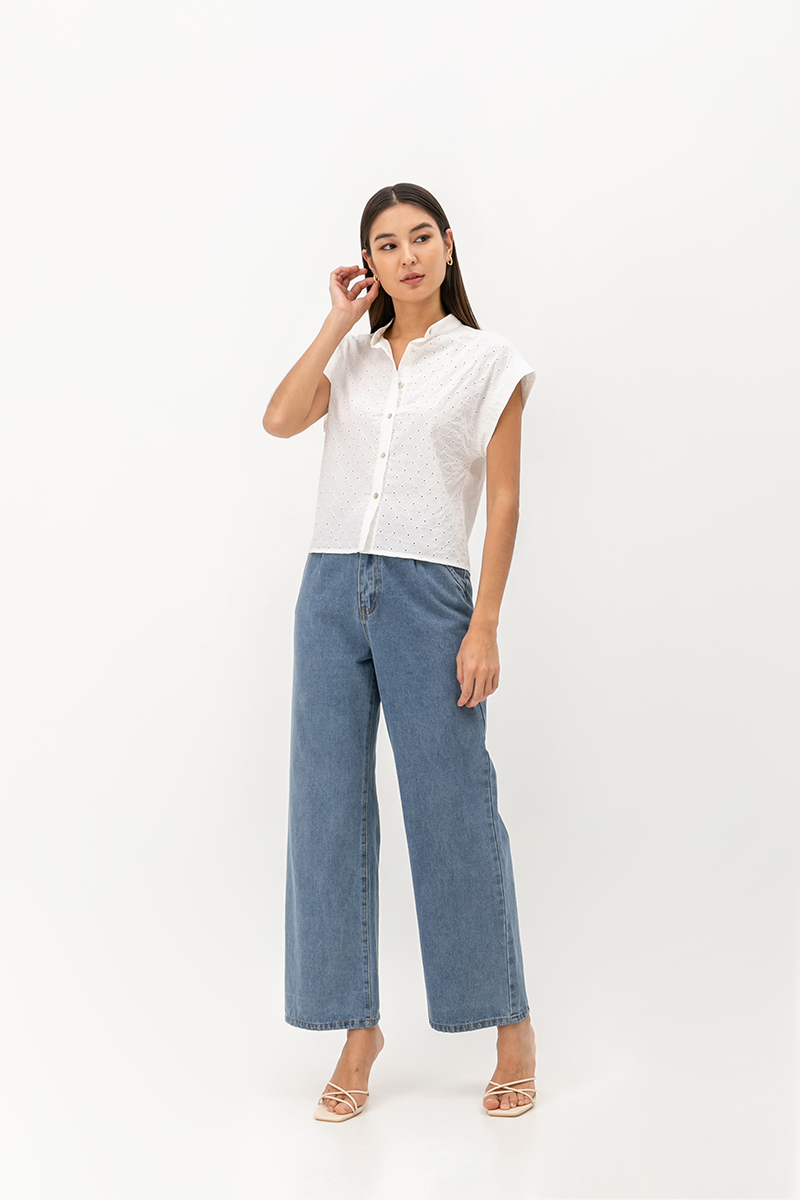 LIVIE MANDARIN COLLAR EYELET TOP