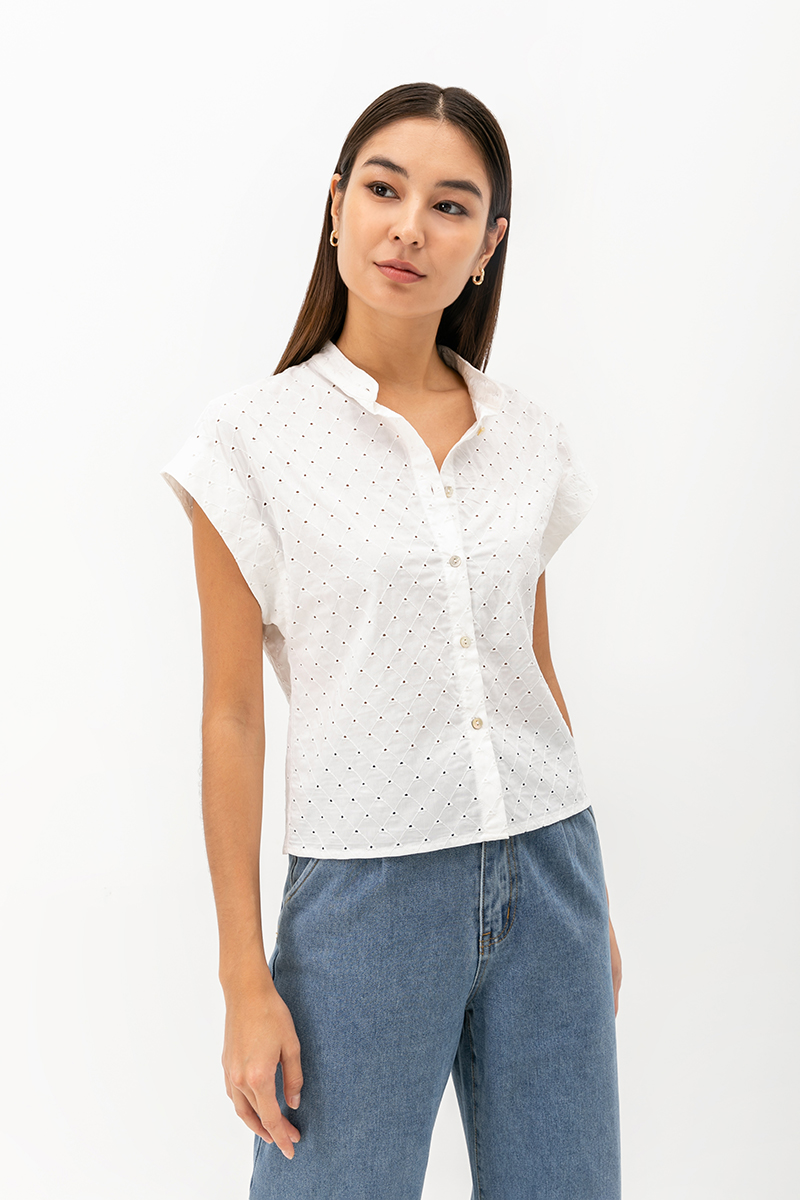 LIVIE MANDARIN COLLAR EYELET TOP