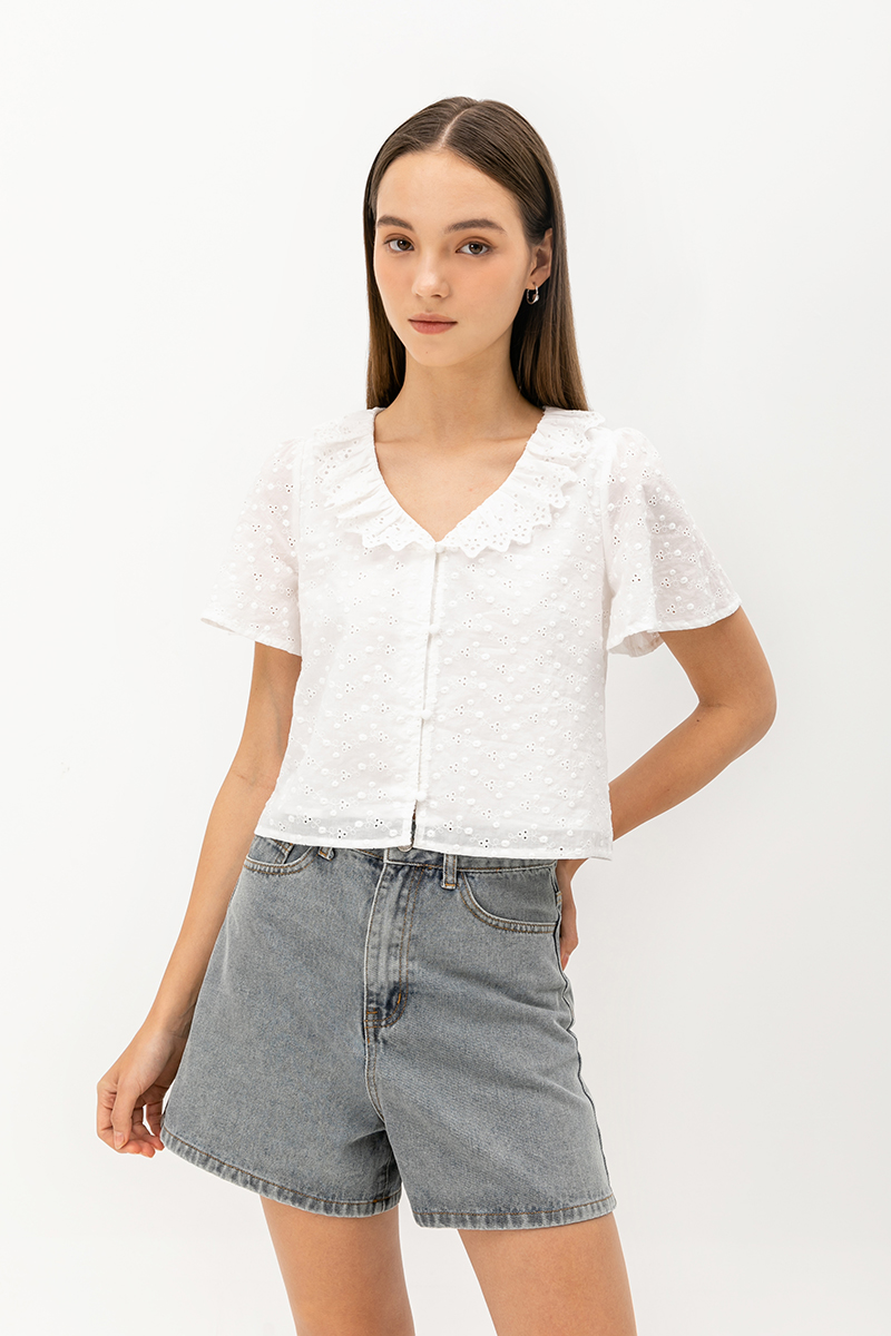 SHYE RUFFLE COLLAR EYELET TOP