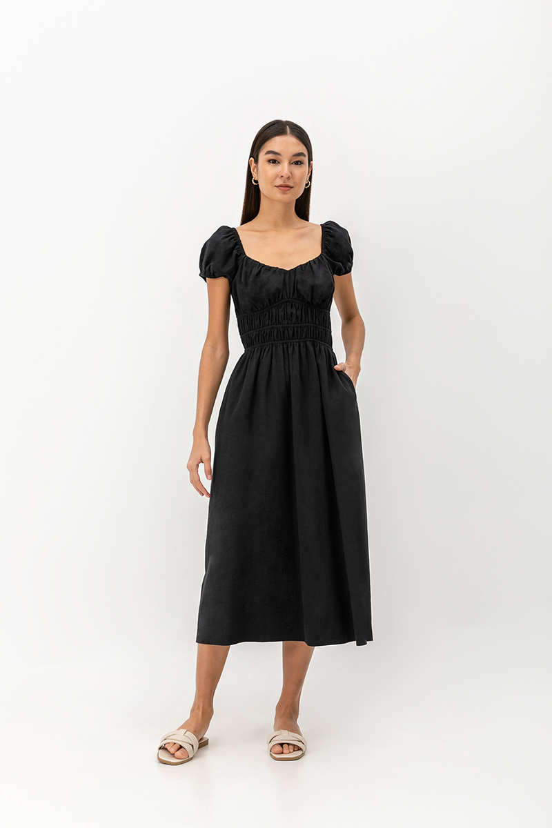 *BACKORDER* CLARESSA RUCHED WAIST LINEN MIDI DRESS