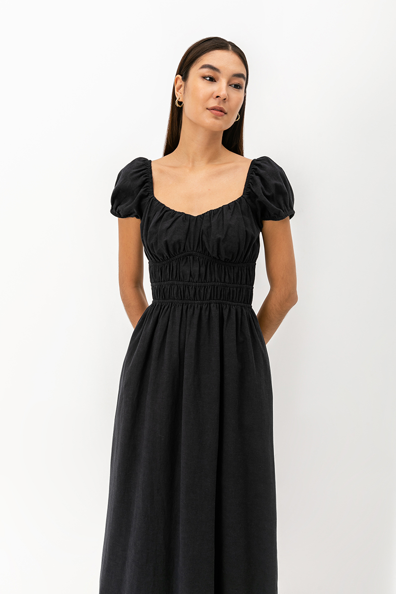 *BACKORDER* CLARESSA RUCHED WAIST LINEN MIDI DRESS