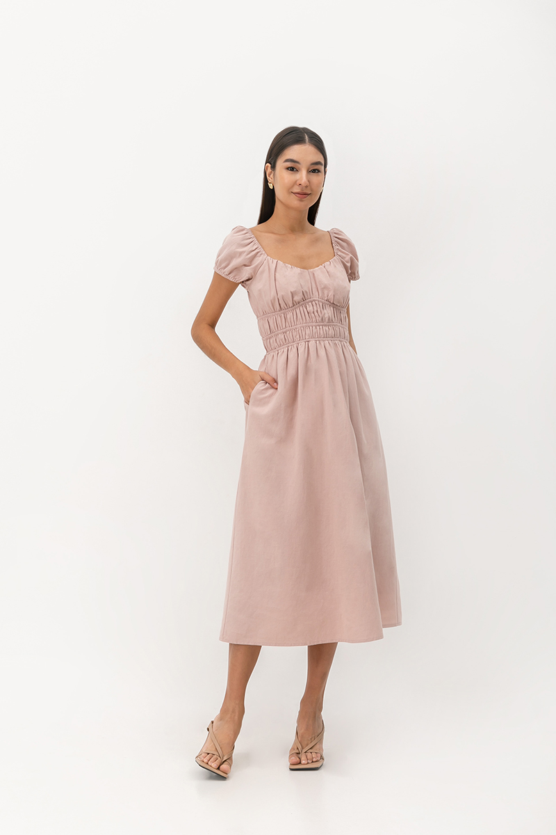 CLARESSA RUCHED WAIST LINEN MIDI DRESS