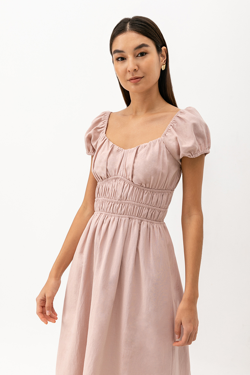 *BACKORDER* CLARESSA RUCHED WAIST LINEN MIDI DRESS