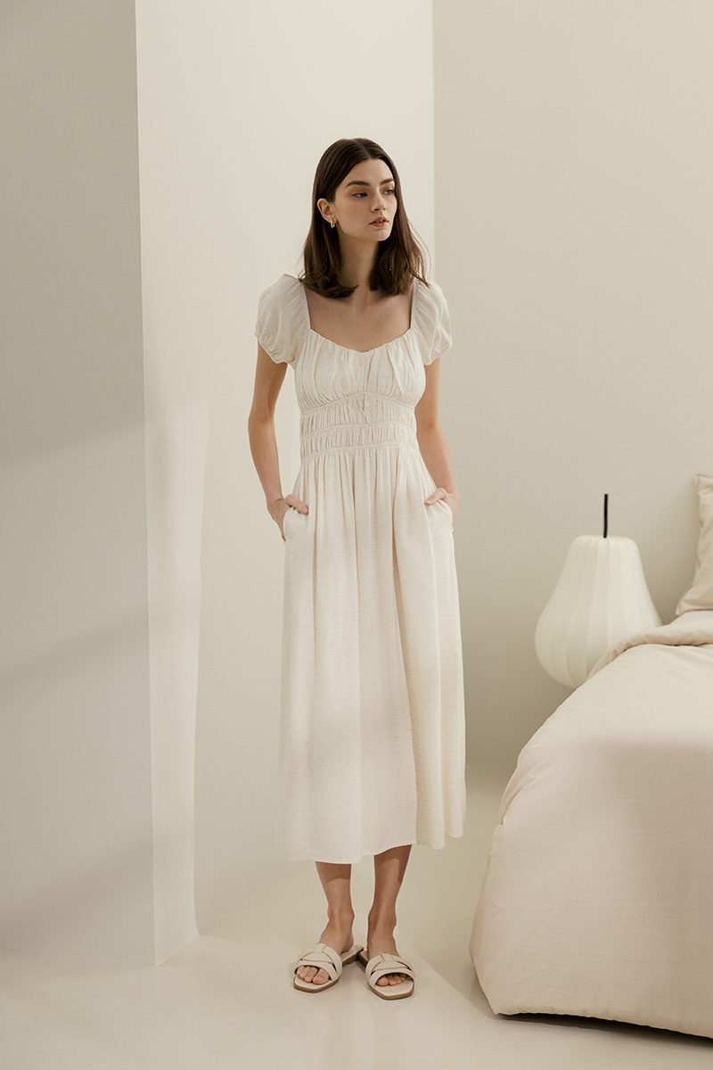 *BACKORDER* CLARESSA RUCHED WAIST LINEN MIDI DRESS