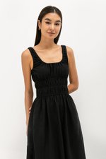 HAZELLE RUCHED WAIST LINEN MIDI DRESS