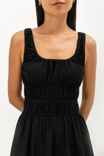 HAZELLE RUCHED WAIST LINEN MIDI DRESS