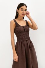 HAZELLE RUCHED WAIST LINEN MIDI DRESS