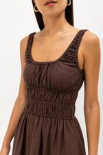 HAZELLE RUCHED WAIST LINEN MIDI DRESS