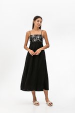 IRISA CONTRAST FLORAL EMBROIDERY MAXI LINEN DRESS