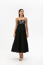 IRISA CONTRAST FLORAL EMBROIDERY MAXI LINEN DRESS