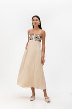 IRISA CONTRAST FLORAL EMBROIDERY MAXI LINEN DRESS