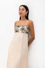 IRISA CONTRAST FLORAL EMBROIDERY MAXI LINEN DRESS