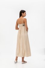 IRISA CONTRAST FLORAL EMBROIDERY MAXI LINEN DRESS