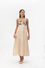 IRISA CONTRAST FLORAL EMBROIDERY MAXI LINEN DRESS